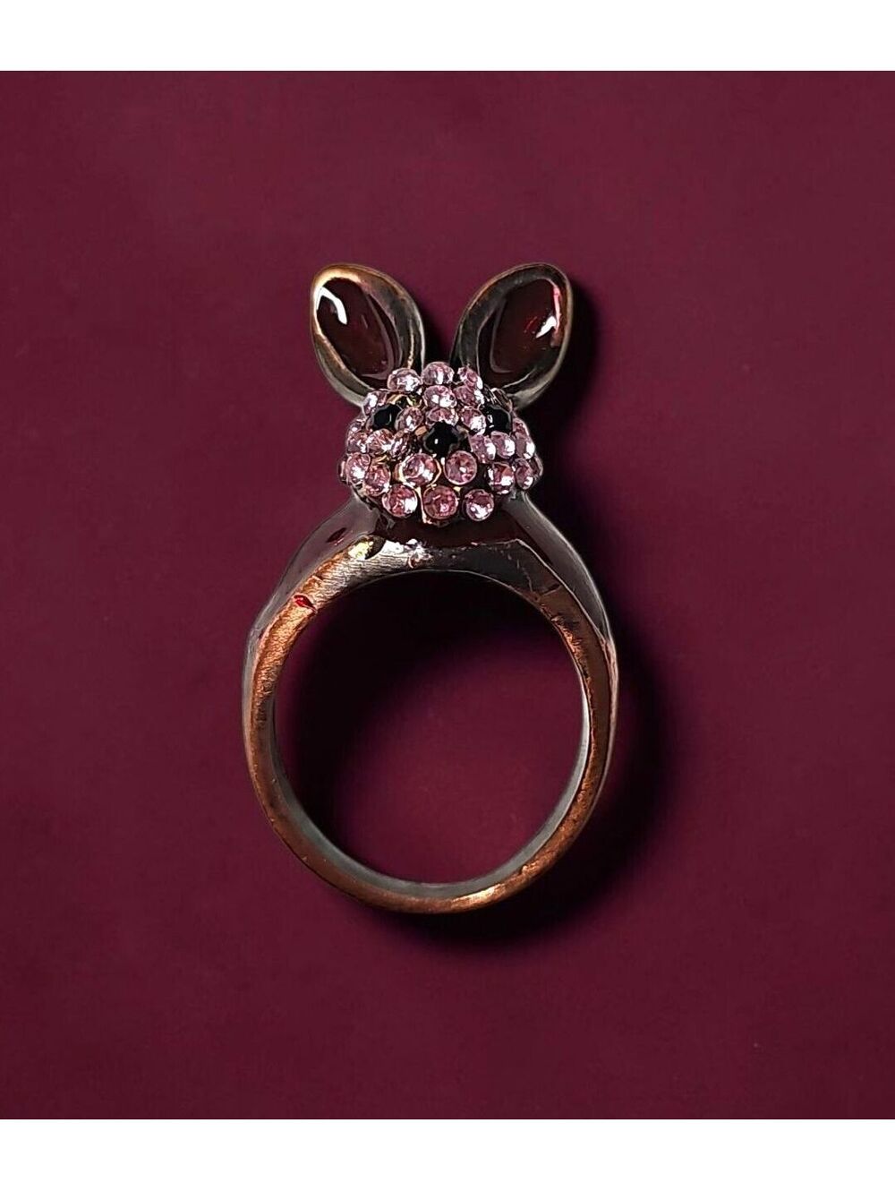 VTG Copper Tone / Enamel Bunny Rabbit Ring Pink Rhinestone Whimsigoth - Size 7.5